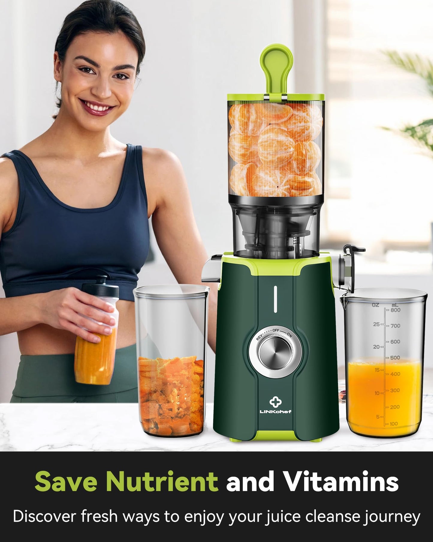 Cold Press Juicer, LINKChef Slow Masticating Juicer Machines with No - Prep 4.35" Large Feed Chute & Upgraded Auger for Whole Vegetables and Fruits, 42oz Capacity, Easy to Clean, Light Green - 7DAY'S