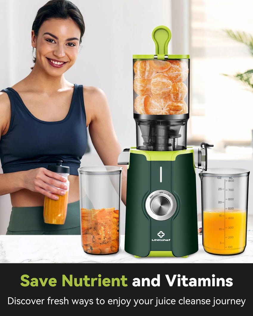 Cold Press Juicer, LINKChef Slow Masticating Juicer Machines with No - Prep 4.35" Large Feed Chute & Upgraded Auger for Whole Vegetables and Fruits, 42oz Capacity, Easy to Clean, Light Green - 7DAY'S