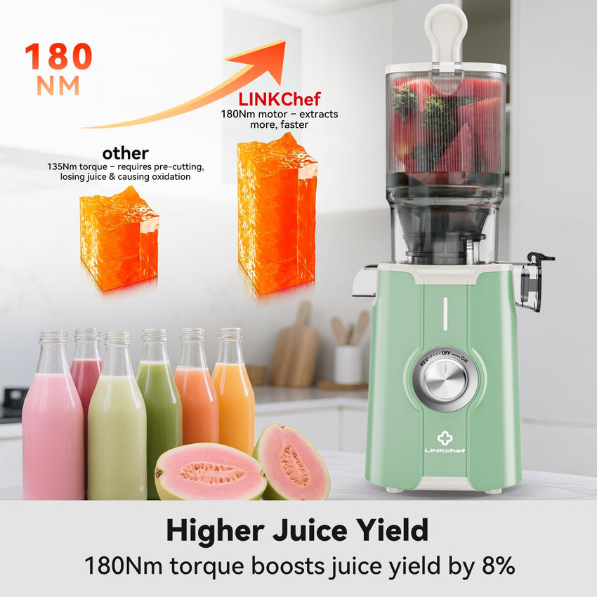 Cold Press Juicer, LINKChef Slow Masticating Juicer Machines with No - Prep 4.35" Large Feed Chute & Upgraded Auger for Whole Vegetables and Fruits, 42oz Capacity, Easy to Clean, Light Green - 7DAY'S