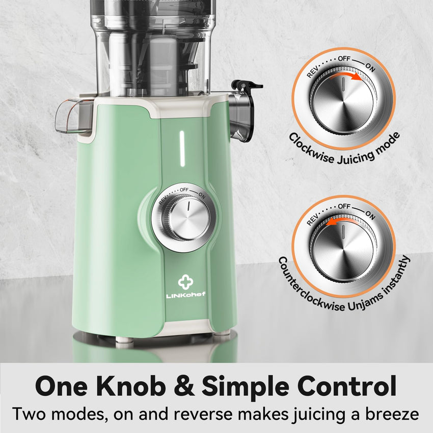 Cold Press Juicer, LINKChef Slow Masticating Juicer Machines with No - Prep 4.35" Large Feed Chute & Upgraded Auger for Whole Vegetables and Fruits, 42oz Capacity, Easy to Clean, Light Green - 7DAY'S