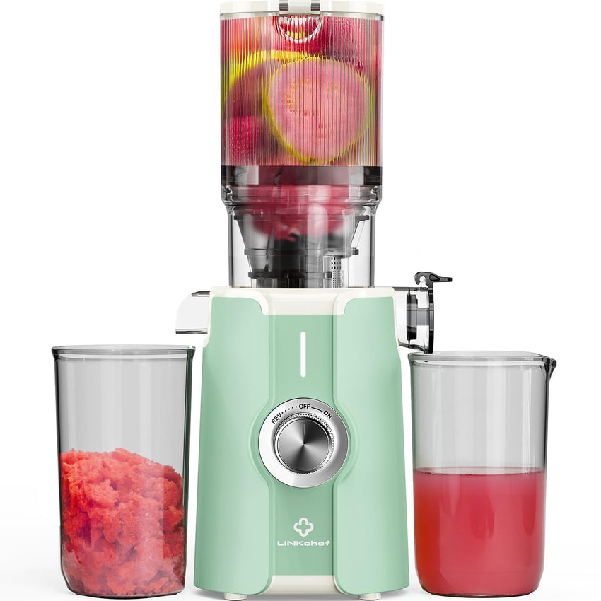 Cold Press Juicer, LINKChef Slow Masticating Juicer Machines with No - Prep 4.35" Large Feed Chute & Upgraded Auger for Whole Vegetables and Fruits, 42oz Capacity, Easy to Clean, Light Green - 7DAY'S