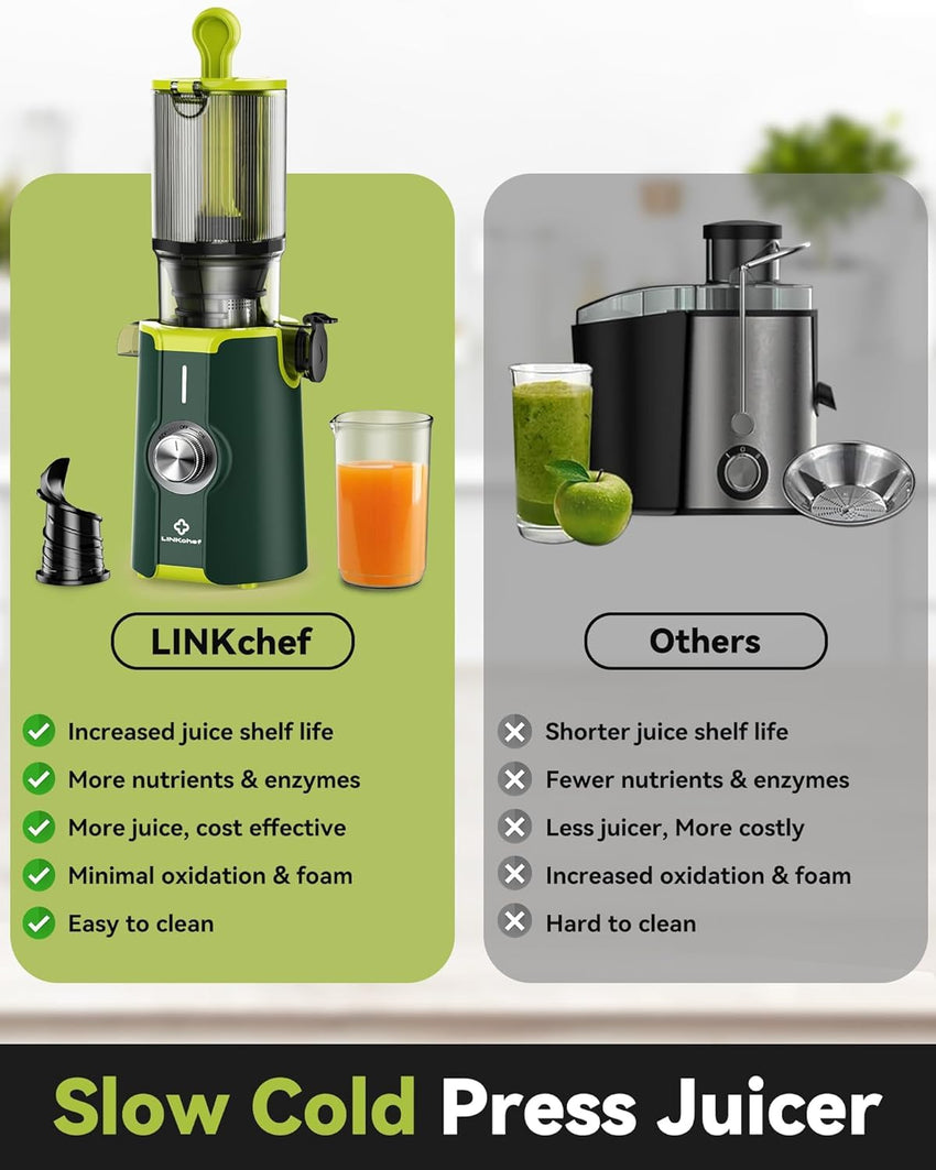 Cold Press Juicer, LINKChef Slow Masticating Juicer Machines with No - Prep 4.35" Large Feed Chute & Upgraded Auger for Whole Vegetables and Fruits, 42oz Capacity, Easy to Clean, Light Green - 7DAY'S
