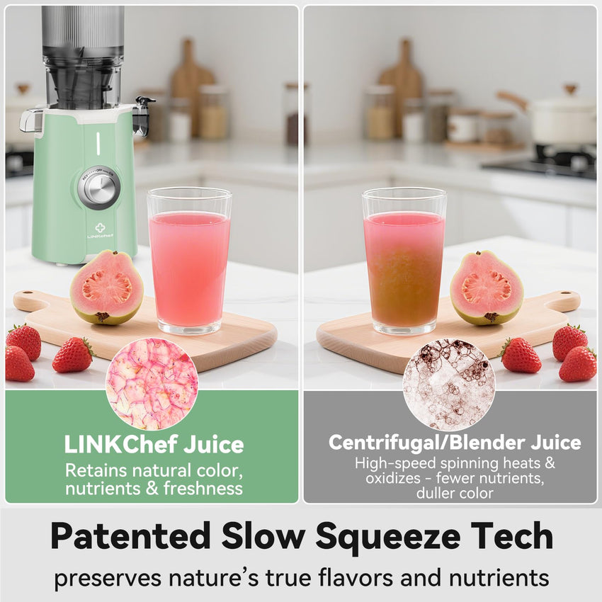 Cold Press Juicer, LINKChef Slow Masticating Juicer Machines with No - Prep 4.35" Large Feed Chute & Upgraded Auger for Whole Vegetables and Fruits, 42oz Capacity, Easy to Clean, Light Green - 7DAY'S
