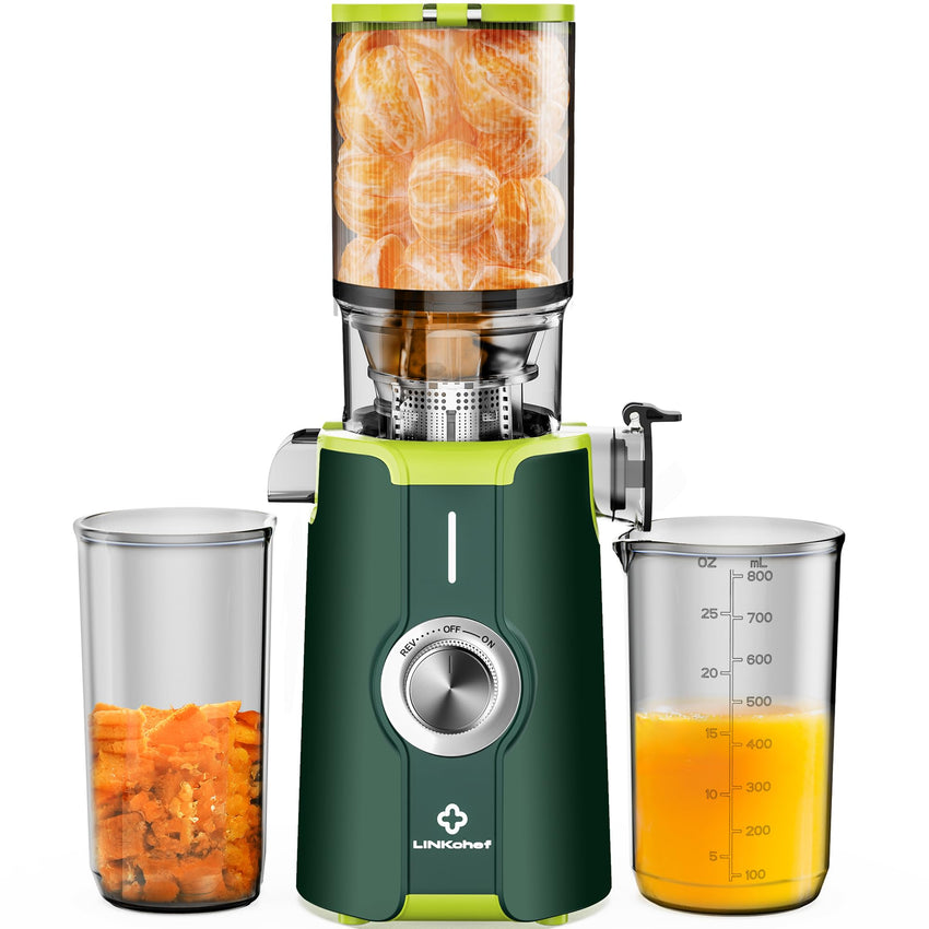 Cold Press Juicer, LINKChef Slow Masticating Juicer Machines with No - Prep 4.35" Large Feed Chute & Upgraded Auger for Whole Vegetables and Fruits, 42oz Capacity, Easy to Clean, Light Green - 7DAY'S