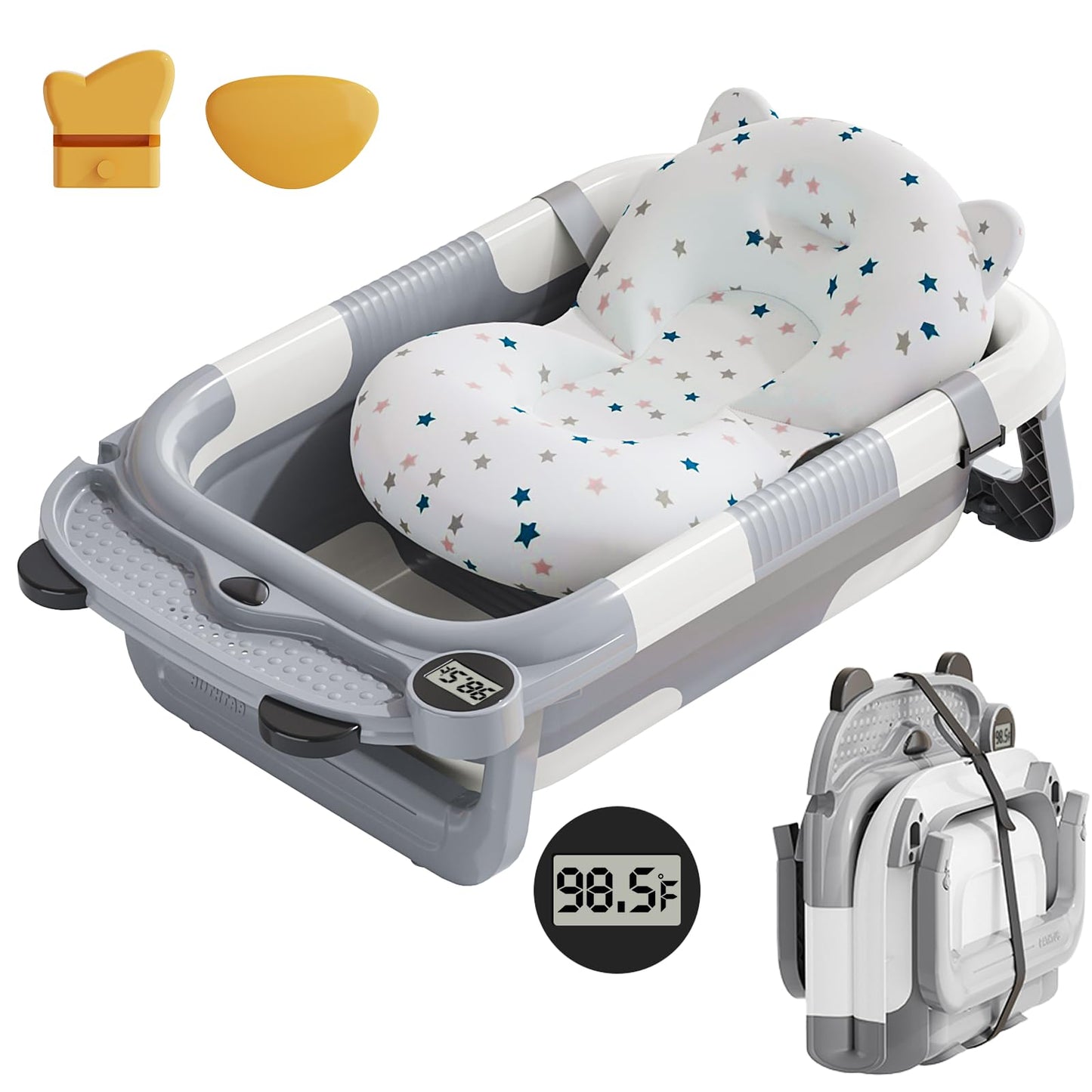 Collapsible Baby Bathtub for Newborn with Real - time Temp Monitor + Soft Floating Cushion Durable Foldable Baby Tubs for Infants to Toddler, Portable Travel Bathtub with Drain Hole Grey - 7DAY'S