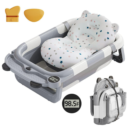 Collapsible Baby Bathtub for Newborn with Real - time Temp Monitor + Soft Floating Cushion Durable Foldable Baby Tubs for Infants to Toddler, Portable Travel Bathtub with Drain Hole Grey - 7DAY'S
