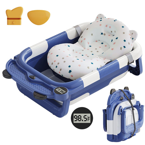 Collapsible Baby Bathtub for Newborn with Real-time Temp Monitor + Soft Floating Cushion Durable Foldable Baby Tubs for Infants to Toddler, Portable Travel Bathtub with Drain Hole Grey