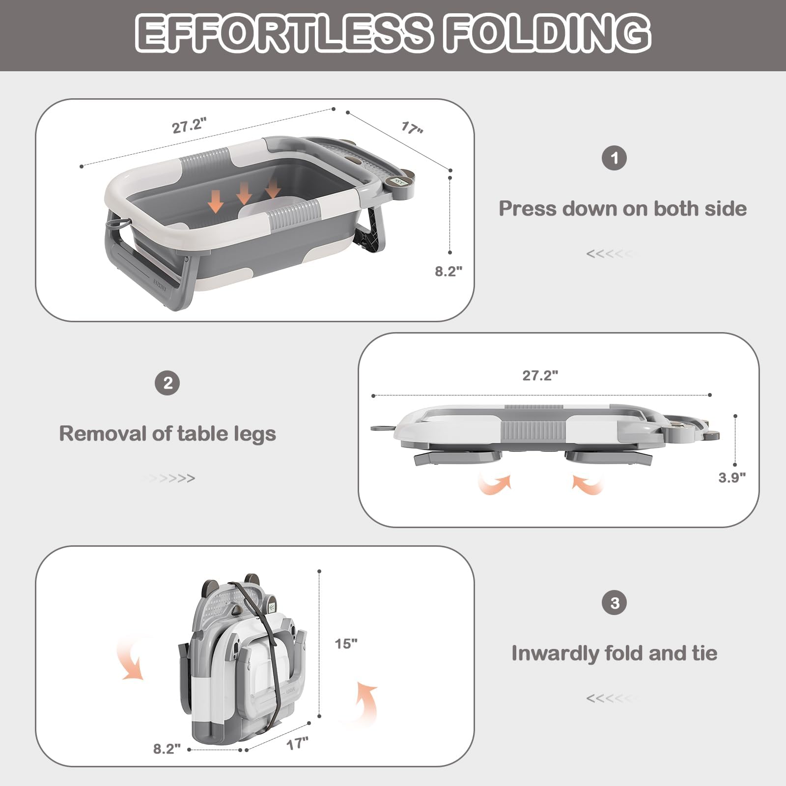 Collapsible Baby Bathtub for Newborn with Real - time Temp Monitor + Soft Floating Cushion Durable Foldable Baby Tubs for Infants to Toddler, Portable Travel Bathtub with Drain Hole Grey - 7DAY'S