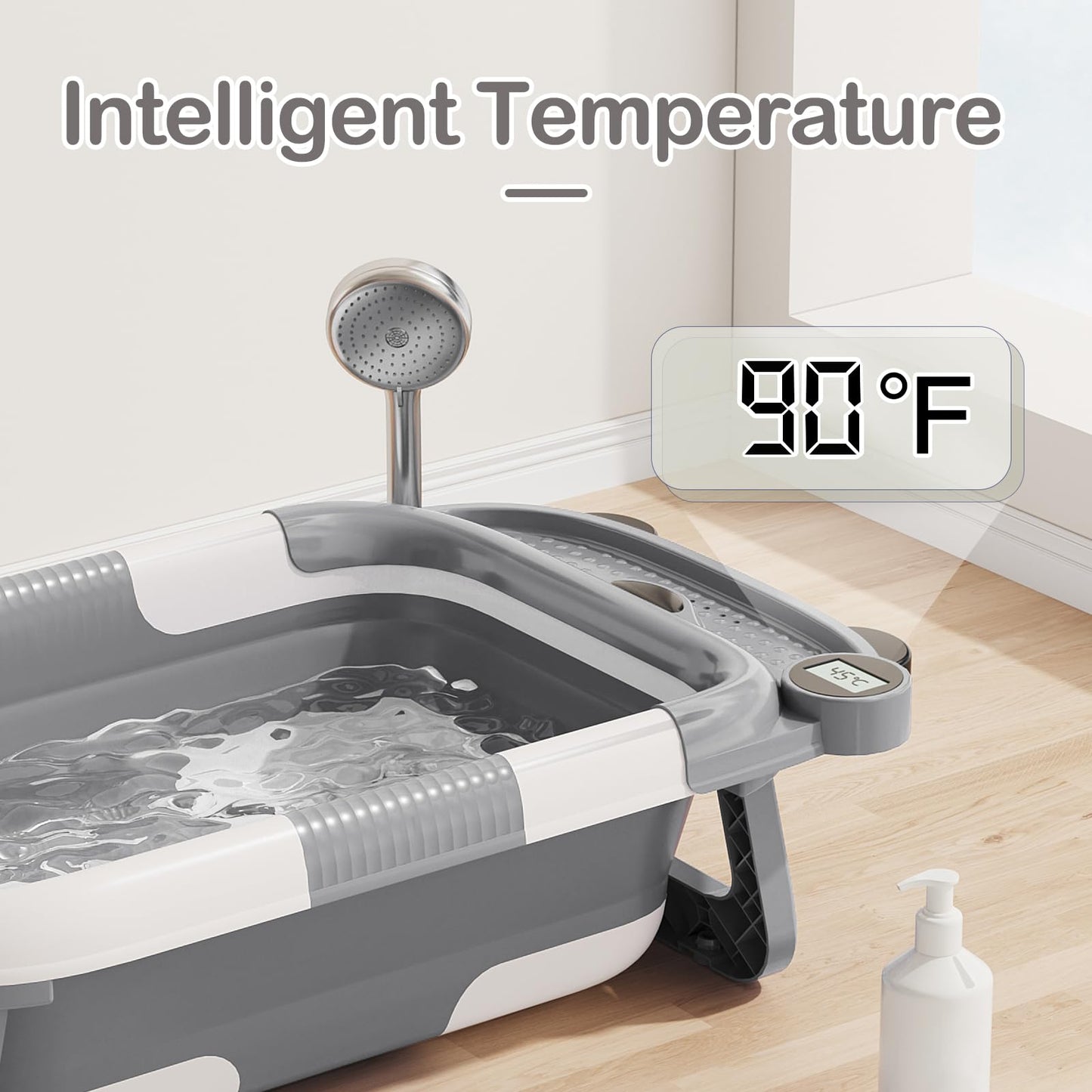 Collapsible Baby Bathtub for Newborn with Real - time Temp Monitor + Soft Floating Cushion Durable Foldable Baby Tubs for Infants to Toddler, Portable Travel Bathtub with Drain Hole Grey - 7DAY'S