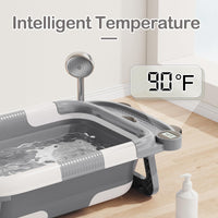 Collapsible Baby Bathtub for Newborn with Real - time Temp Monitor + Soft Floating Cushion Durable Foldable Baby Tubs for Infants to Toddler, Portable Travel Bathtub with Drain Hole Grey - 7DAY'S