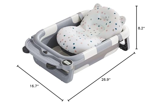 Collapsible Baby Bathtub for Newborn with Real - time Temp Monitor + Soft Floating Cushion Durable Foldable Baby Tubs for Infants to Toddler, Portable Travel Bathtub with Drain Hole Grey - 7DAY'S