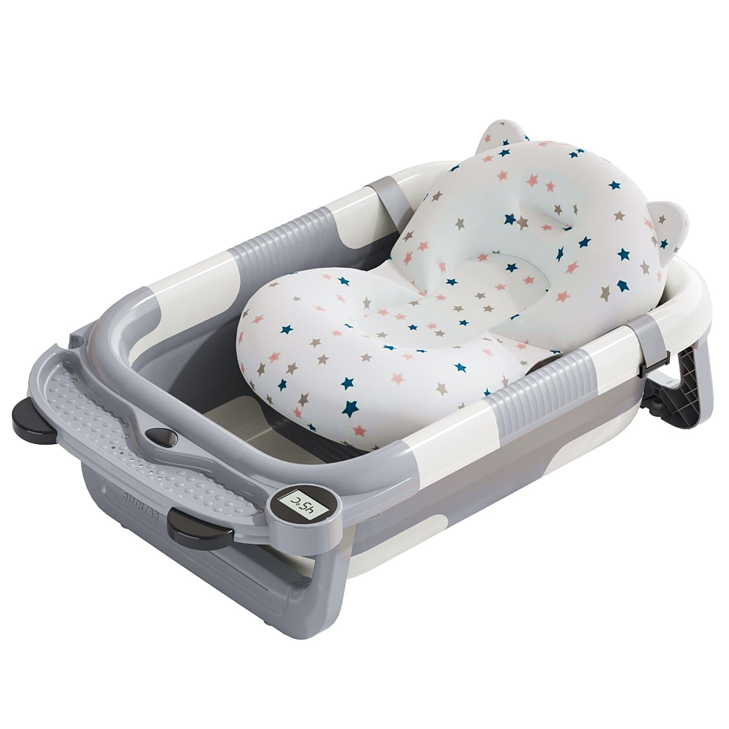 Collapsible Baby Bathtub for Newborn with Real - time Temp Monitor + Soft Floating Cushion Durable Foldable Baby Tubs for Infants to Toddler, Portable Travel Bathtub with Drain Hole Grey - 7DAY'S