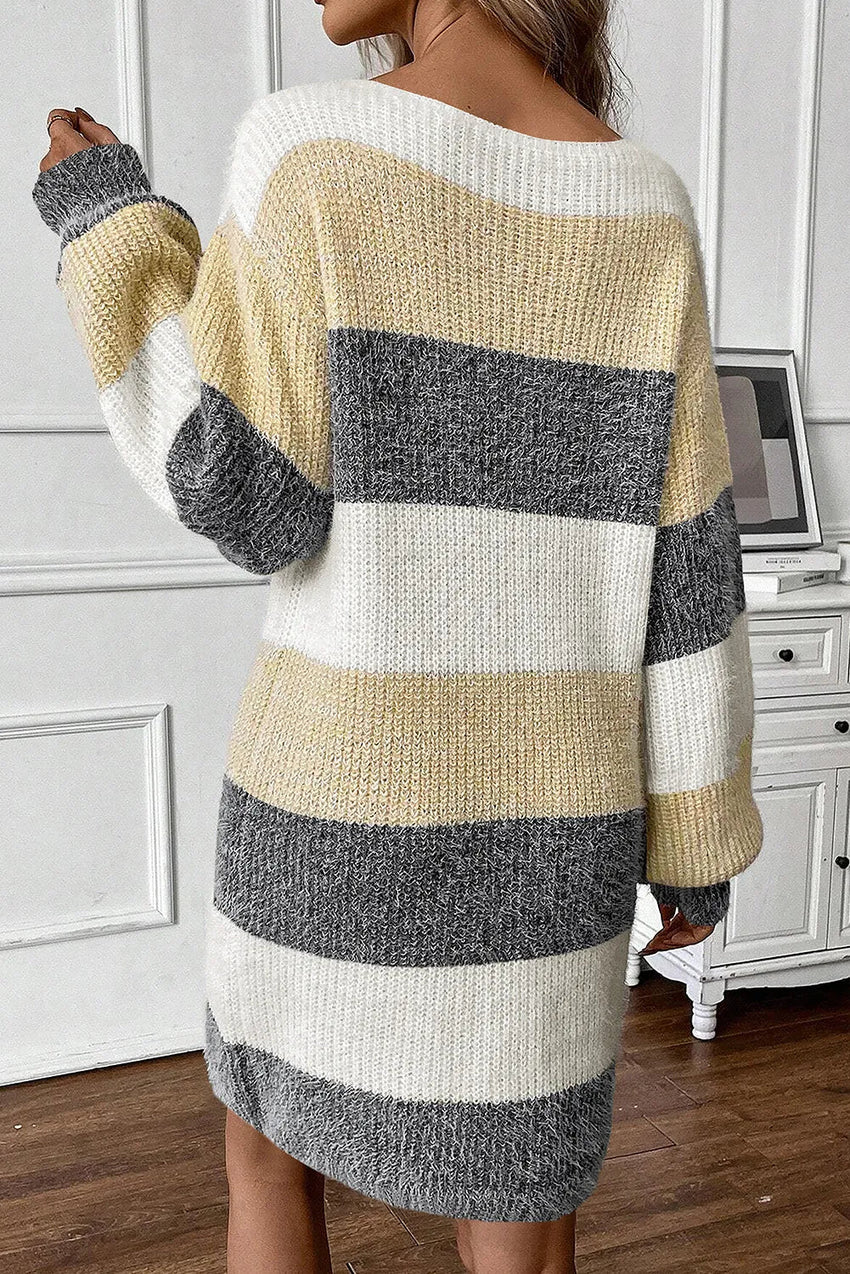 Color Block Boat Neck Long Sleeve Sweater Dress For women - 7DAY'S