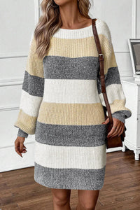 Color Block Boat Neck Long Sleeve Sweater Dress For women - 7DAY'S