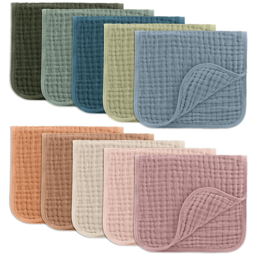 Comfy Cubs Muslin Burp Cloths 20" x 10", Pack of 10 - Large, 6 - Layer, Ultra Absorbent 100% Cotton for Baby Drool and Messes - Soft, Safe & Gentle Baby Burp Cloths for Boys & Girls - Multi - 7DAY'S