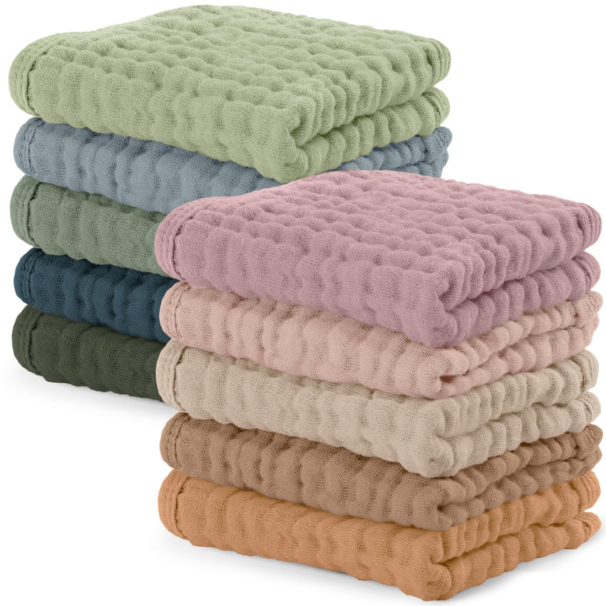 Comfy Cubs Muslin Burp Cloths 20" x 10", Pack of 10 - Large, 6 - Layer, Ultra Absorbent 100% Cotton for Baby Drool and Messes - Soft, Safe & Gentle Baby Burp Cloths for Boys & Girls - Multi - 7DAY'S
