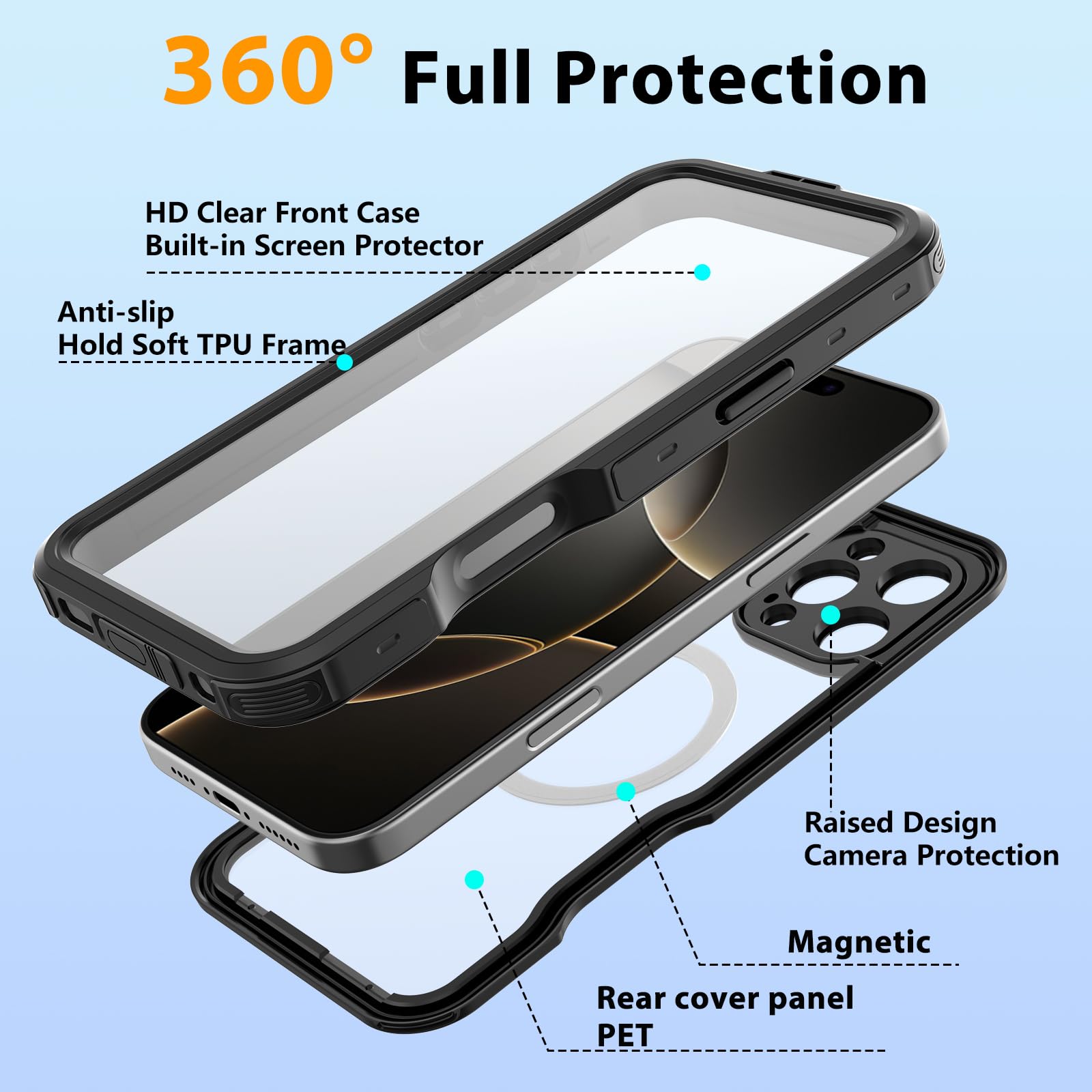 Compatible with iPhone 16 Pro Max Waterproof Case, Shockproof Phone Case with Built in Screen Protector, Full Body Protective Case for iPhone 16 Pro Max 6.9 inch 2024 (Black, 16 Pro Max) - 7DAY'S