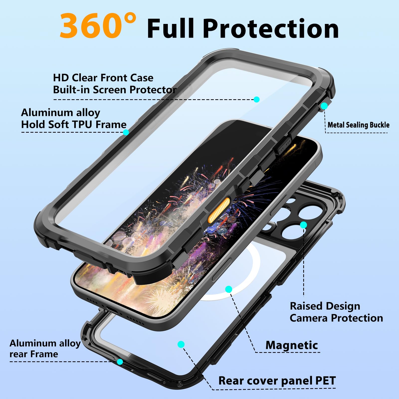 Compatible with iPhone 16 Pro Max Waterproof Case, Shockproof Phone Case with Built in Screen Protector, Full Body Protective Case for iPhone 16 Pro Max 6.9 inch 2024 (Black, 16 Pro Max) - 7DAY'S