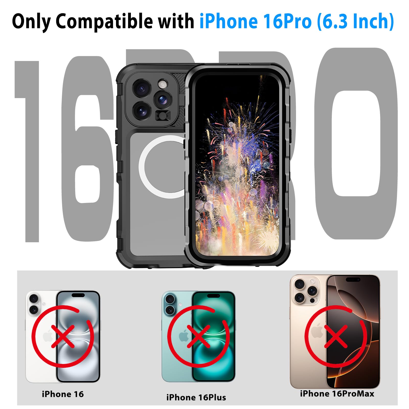 Compatible with iPhone 16 Pro Max Waterproof Case, Shockproof Phone Case with Built in Screen Protector, Full Body Protective Case for iPhone 16 Pro Max 6.9 inch 2024 (Black, 16 Pro Max) - 7DAY'S