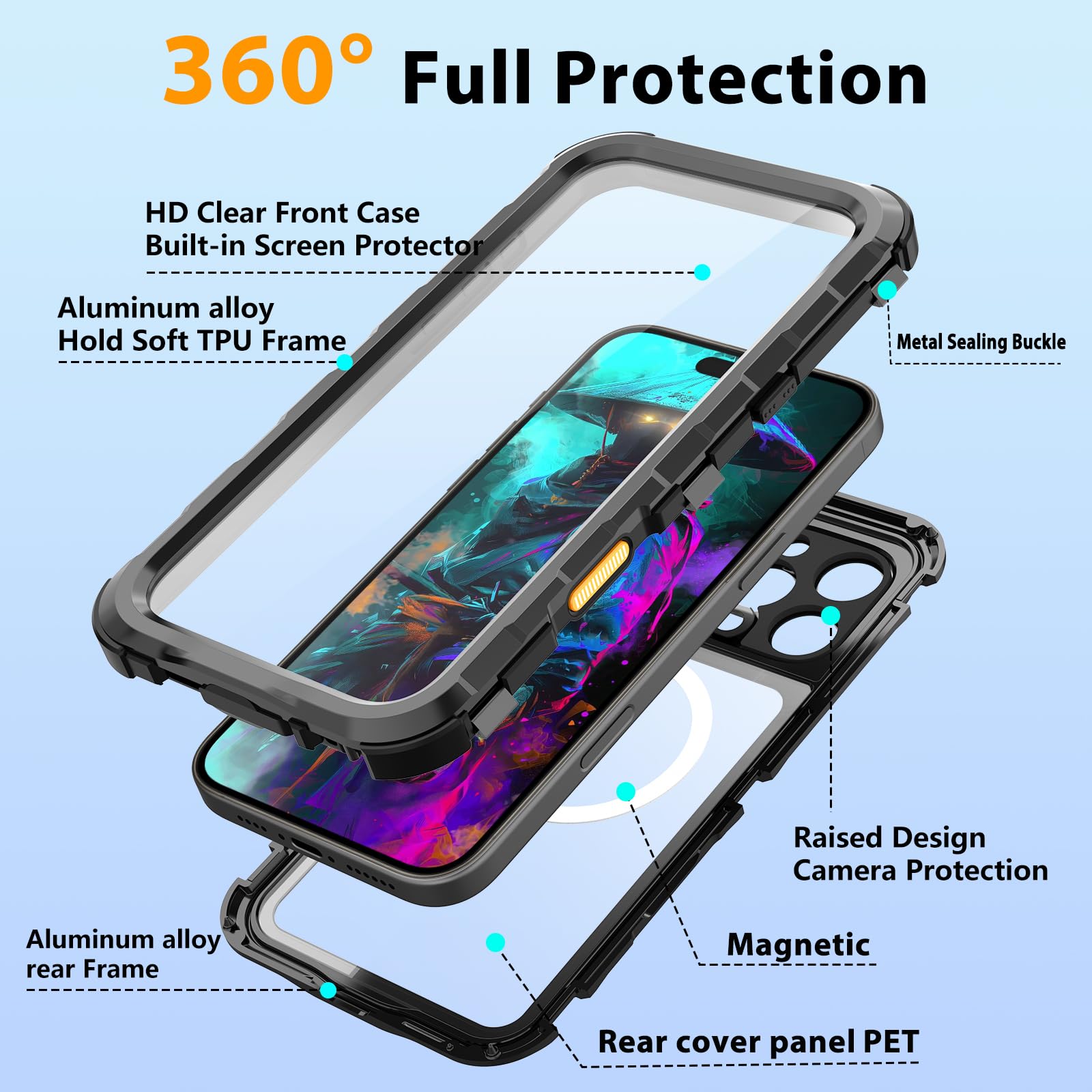 Compatible with iPhone 16 Pro Max Waterproof Case, Shockproof Phone Case with Built in Screen Protector, Full Body Protective Case for iPhone 16 Pro Max 6.9 inch 2024 (Black, 16 Pro Max) - 7DAY'S
