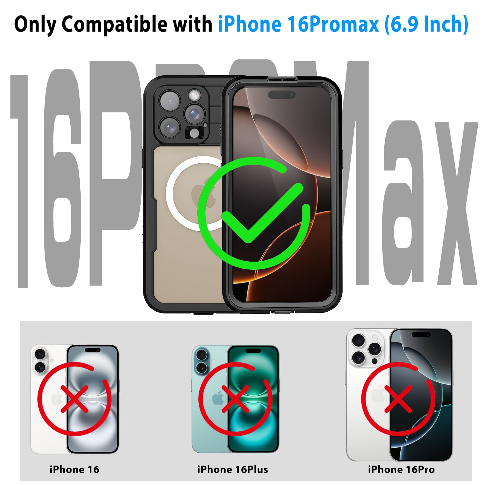 Compatible with iPhone 16 Pro Max Waterproof Case, Shockproof Phone Case with Built in Screen Protector, Full Body Protective Case for iPhone 16 Pro Max 6.9 inch 2024 (Black, 16 Pro Max) - 7DAY'S
