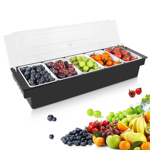 Condiment Garnish Tray Caddy For Bartenders,Bar Garnish Fruit Caddy With Lid,Plastic Condiment Container For Bartending,Outside Parties(4 Compartment) - 7DAY'S