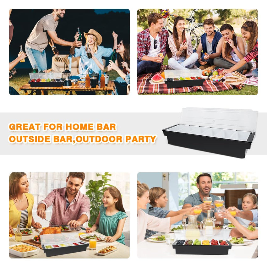 Condiment Garnish Tray Caddy For Bartenders,Bar Garnish Fruit Caddy With Lid,Plastic Condiment Container For Bartending,Outside Parties(4 Compartment) - 7DAY'S