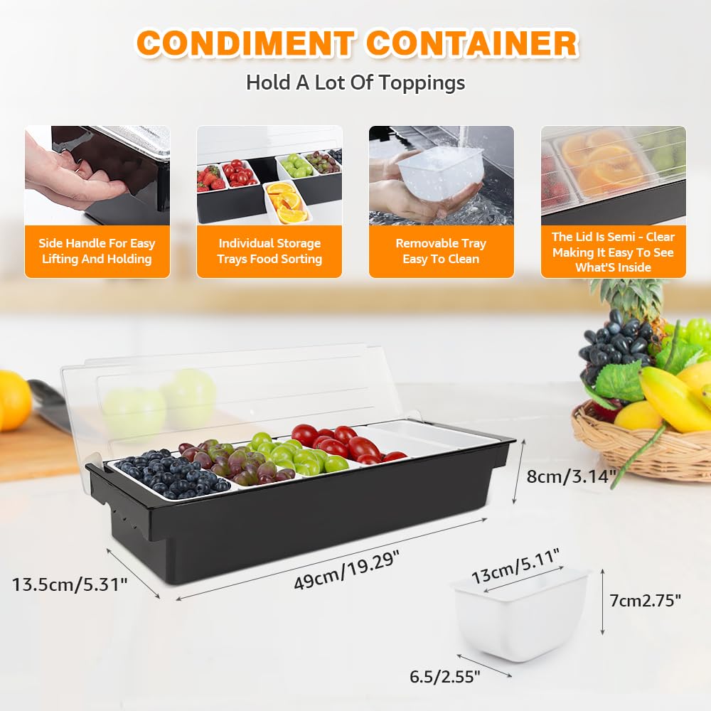 Condiment Garnish Tray Caddy For Bartenders,Bar Garnish Fruit Caddy With Lid,Plastic Condiment Container For Bartending,Outside Parties(4 Compartment) - 7DAY'S