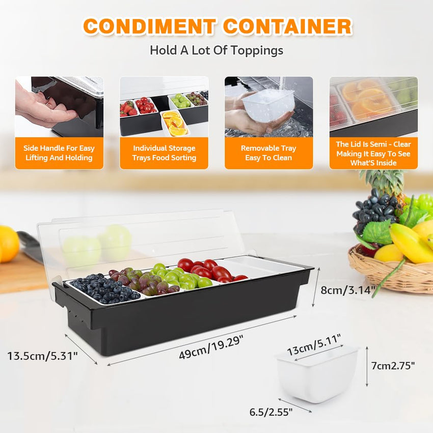 Condiment Garnish Tray Caddy For Bartenders,Bar Garnish Fruit Caddy With Lid,Plastic Condiment Container For Bartending,Outside Parties(4 Compartment) - 7DAY'S