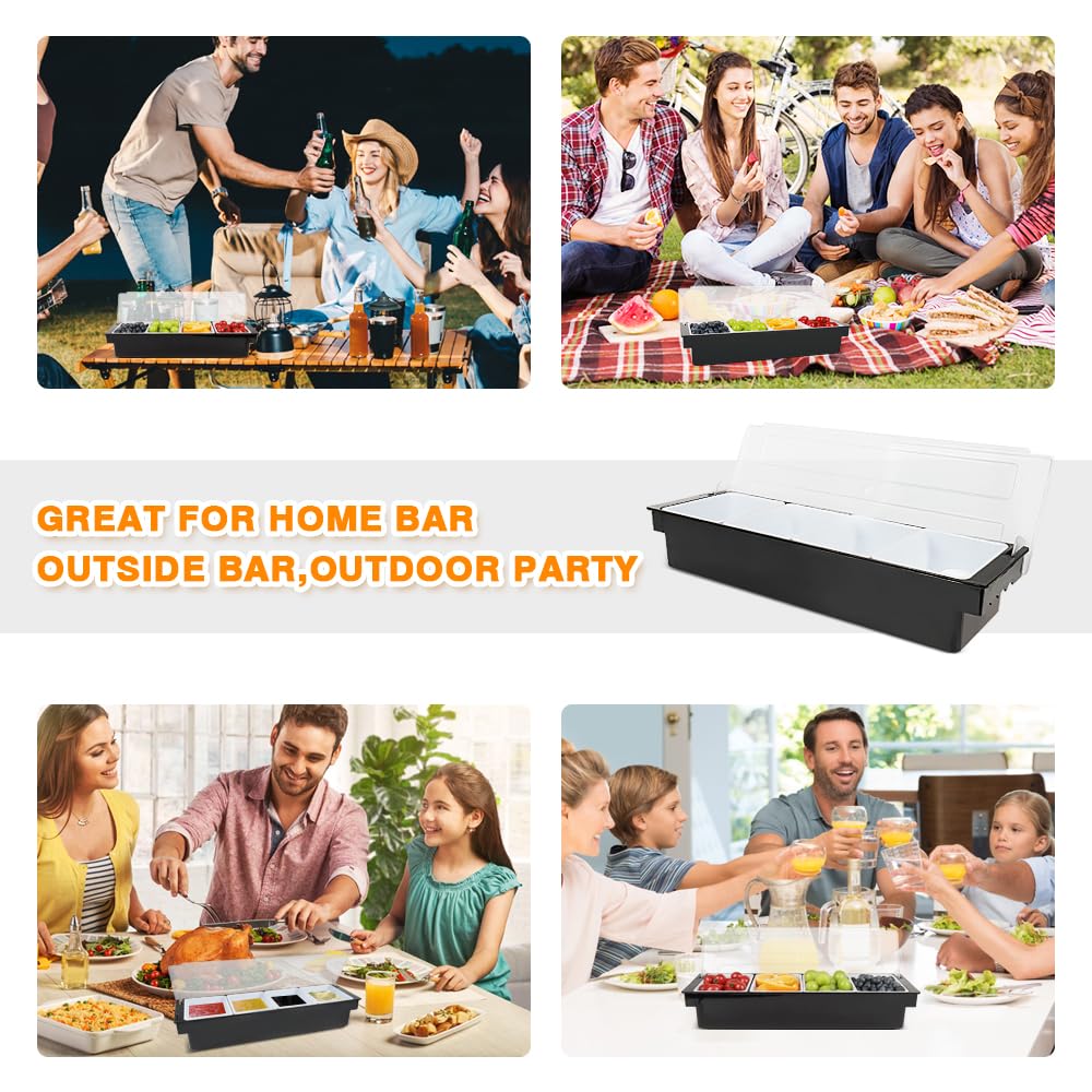 Condiment Garnish Tray Caddy For Bartenders,Bar Garnish Fruit Caddy With Lid,Plastic Condiment Container For Bartending,Outside Parties(4 Compartment) - 7DAY'S