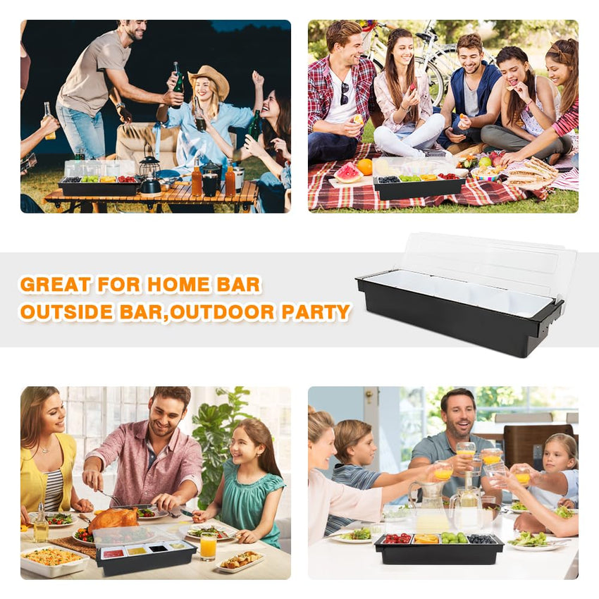 Condiment Garnish Tray Caddy For Bartenders,Bar Garnish Fruit Caddy With Lid,Plastic Condiment Container For Bartending,Outside Parties(4 Compartment) - 7DAY'S