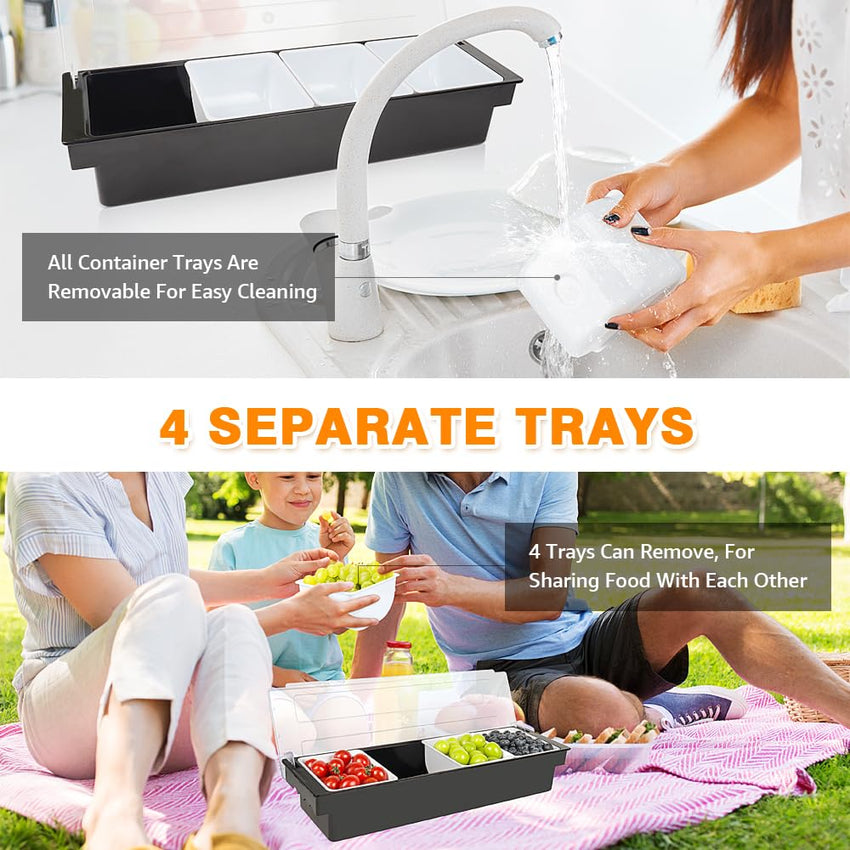 Condiment Garnish Tray Caddy For Bartenders,Bar Garnish Fruit Caddy With Lid,Plastic Condiment Container For Bartending,Outside Parties(4 Compartment) - 7DAY'S