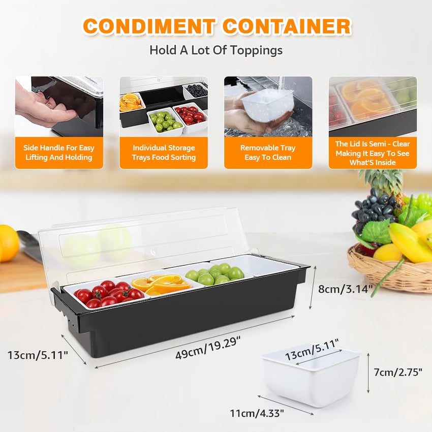 Condiment Garnish Tray Caddy For Bartenders,Bar Garnish Fruit Caddy With Lid,Plastic Condiment Container For Bartending,Outside Parties(4 Compartment) - 7DAY'S