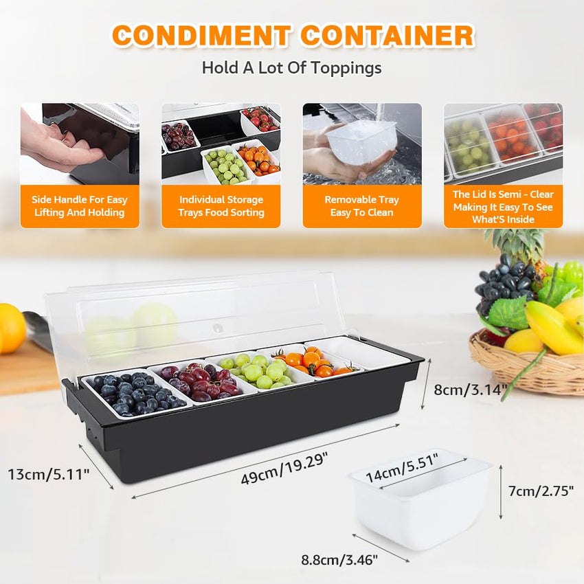 Condiment Garnish Tray Caddy For Bartenders,Bar Garnish Fruit Caddy With Lid,Plastic Condiment Container For Bartending,Outside Parties(4 Compartment) - 7DAY'S