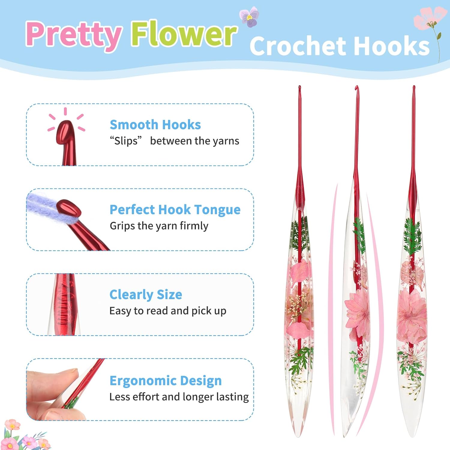 Coopay Crochet Hooks, 2mm Crochet Hook Ergonomic, See - Through Resin Handle with Flowers Inside, Pretty & Pleasant, Ideal for Crocheting Blankets, Dolls, Shawls, Hats, Scarves (B - 2.0mm) - 7DAY'S