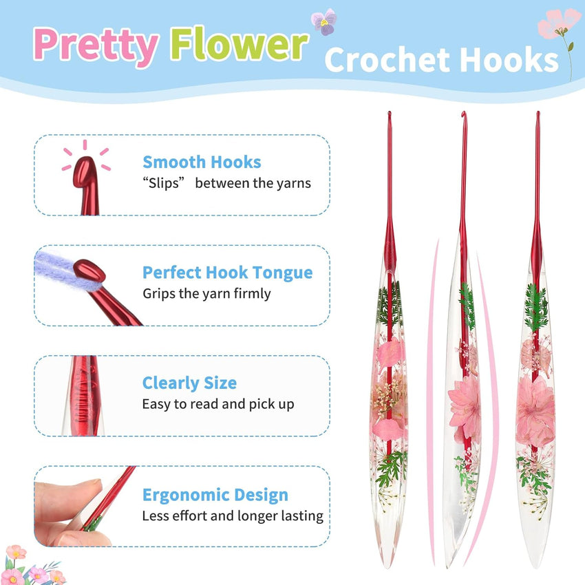 Coopay Crochet Hooks, 2mm Crochet Hook Ergonomic, See - Through Resin Handle with Flowers Inside, Pretty & Pleasant, Ideal for Crocheting Blankets, Dolls, Shawls, Hats, Scarves (B - 2.0mm) - 7DAY'S