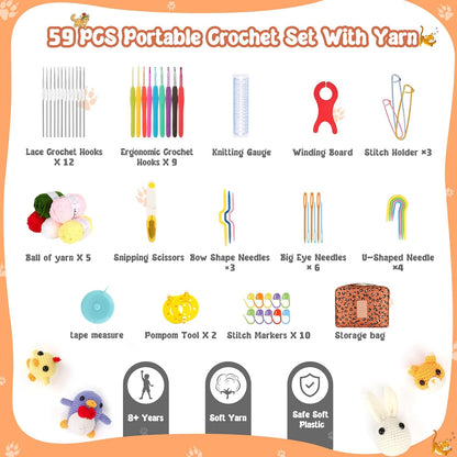 Coopay Crochet Kit Beginners Crochet Hook Set with Crochet Yarn,58PCS Portable Crochet Set Ergonomic Crochet Hooks Travel Knitting Crochet Supplies - 7DAY'S
