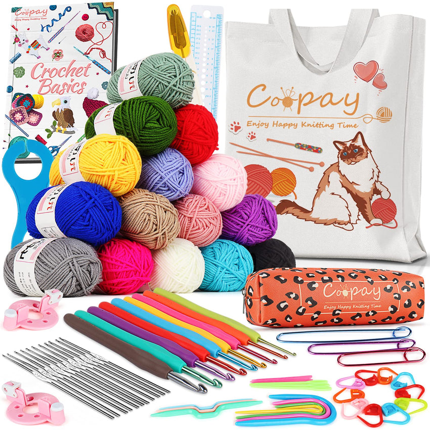 Coopay Crochet Kit Beginners Crochet Hook Set with Crochet Yarn,58PCS Portable Crochet Set Ergonomic Crochet Hooks Travel Knitting Crochet Supplies - 7DAY'S