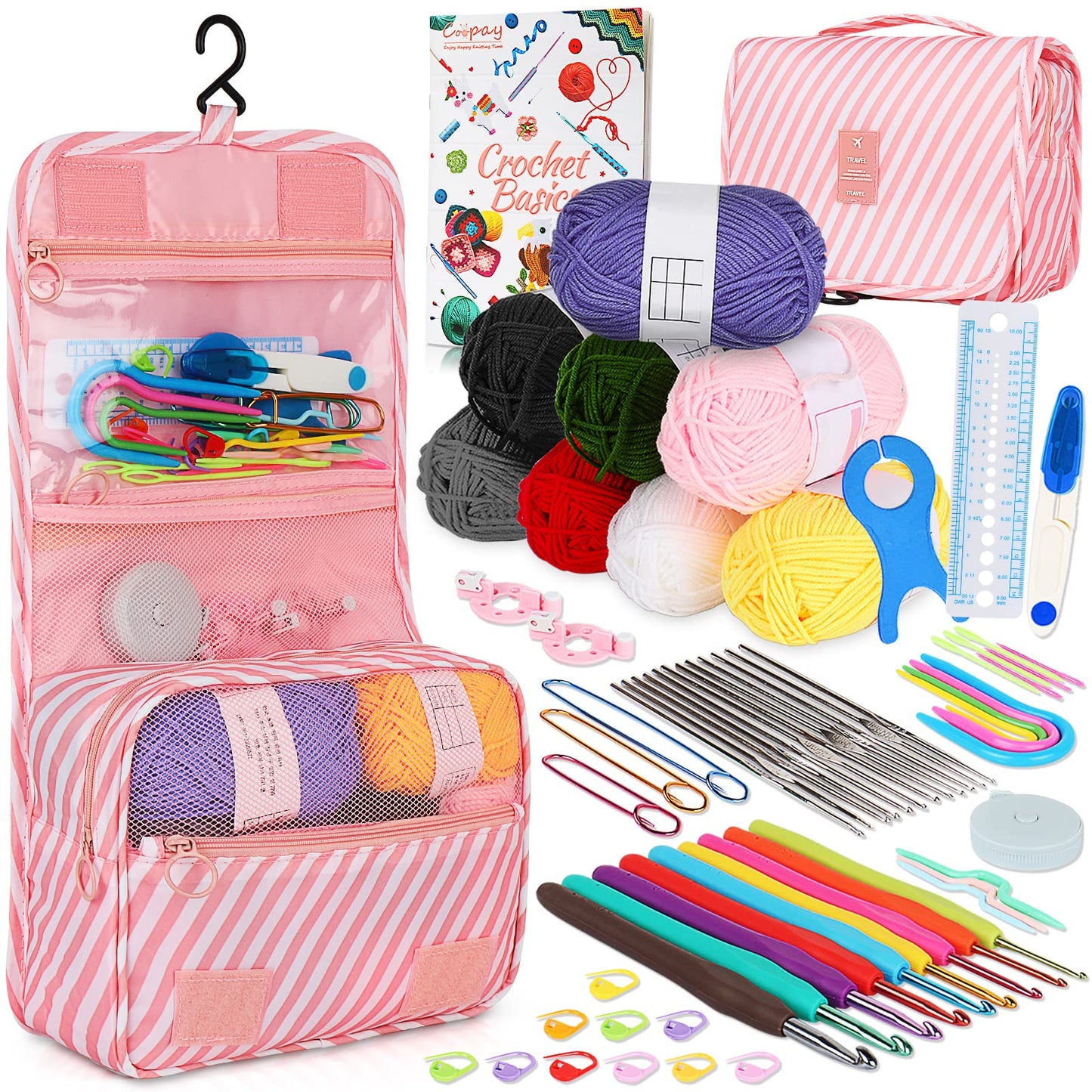 Coopay Crochet Kit Beginners Crochet Hook Set with Crochet Yarn,58PCS Portable Crochet Set Ergonomic Crochet Hooks Travel Knitting Crochet Supplies - 7DAY'S