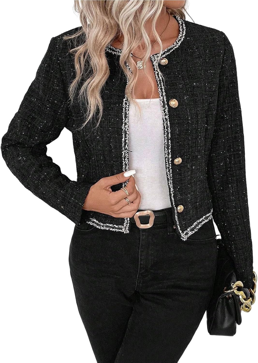Cropped Jacket Tweed Blazers for Women Black Fall Winter 2023 Blazer Business Casual Womens Blazer Warm Coat Fashion Fitted Slim Suit Jackets Coat Black XXL - 7DAY'S