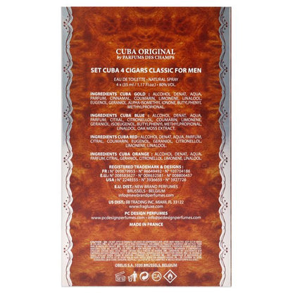 Cuba by Cuba for Men - 4 Pc Gift Set 1.17oz Cuba Gold; 1.17oz Cuba Blue; 1.17oz Cuba Red; 1.17oz Cuba Orange - 7DAY'S