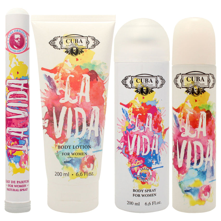 Cuba La Vida by Cuba for Women - 4 Pc Gift Set 3.3oz EDP Spray, 1.17oz EDP Spray, 6.6oz Body Spray, 6.6oz Body Lotion - 7DAY'S