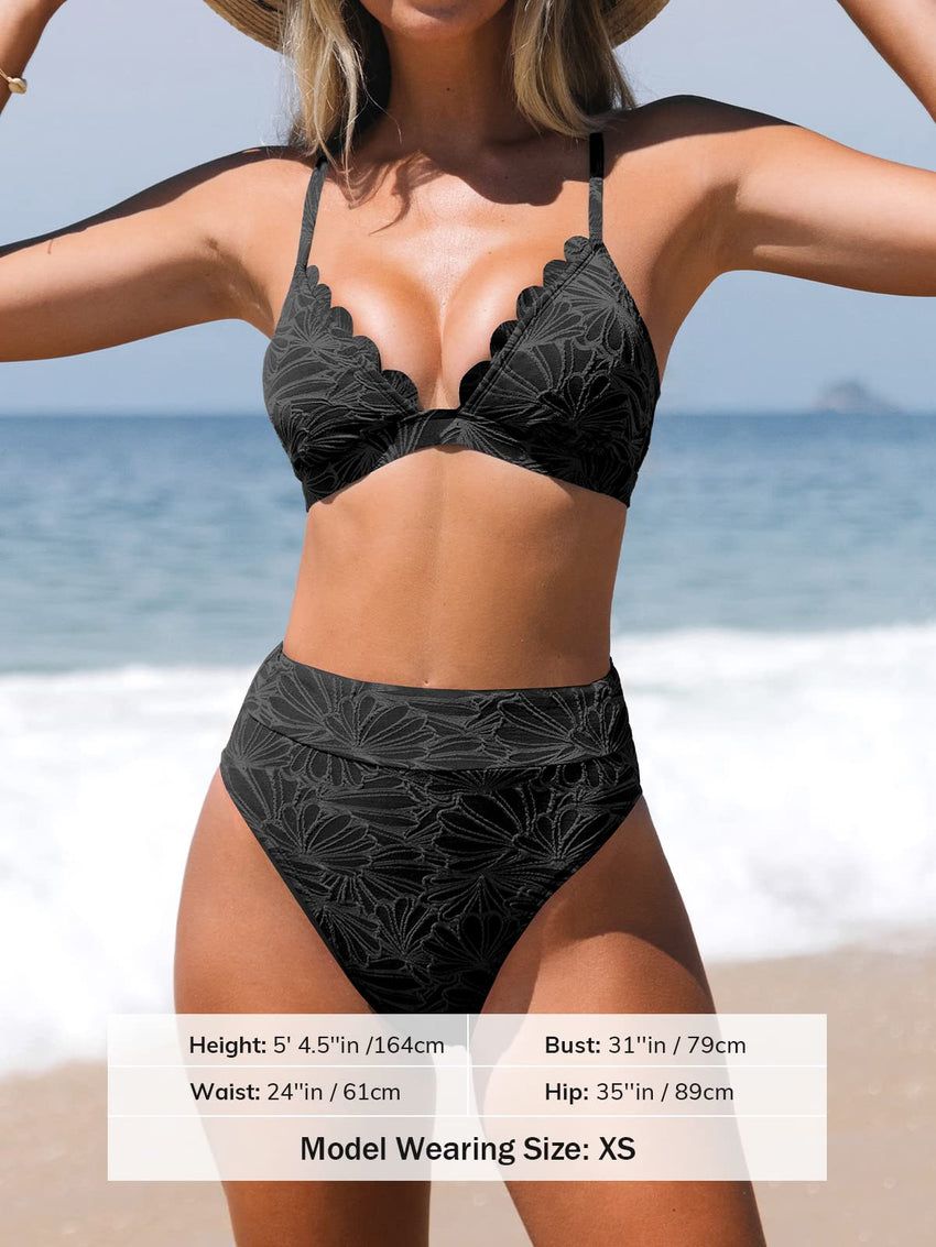 CUPSHE Bikini Set for Women Bathing Suit High Waisted Scalloped V Neck Two Pieces Swimsuit - 7DAY'S
