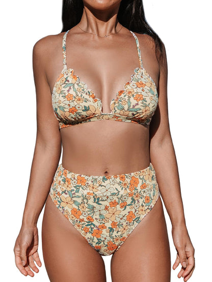 CUPSHE Bikini Set for Women Bathing Suit High Waisted Scalloped V Neck Two Pieces Swimsuit - 7DAY'S