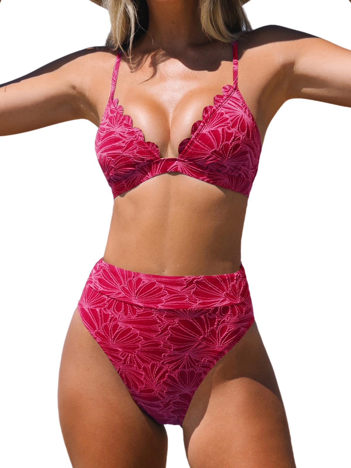 CUPSHE Bikini Set for Women Bathing Suit High Waisted Scalloped V Neck Two Pieces Swimsuit - 7DAY'S