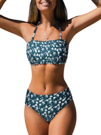 CUPSHE Bikini Set for Women Two Piece Swimsuit Bandeau Top Back Tie Mid Waisted Bottom with Removable Shoulder Straps - 7DAY'S