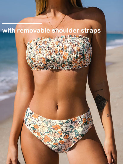 CUPSHE Bikini Set for Women Two Piece Swimsuit Bandeau Top Back Tie Mid Waisted Bottom with Removable Shoulder Straps - 7DAY'S