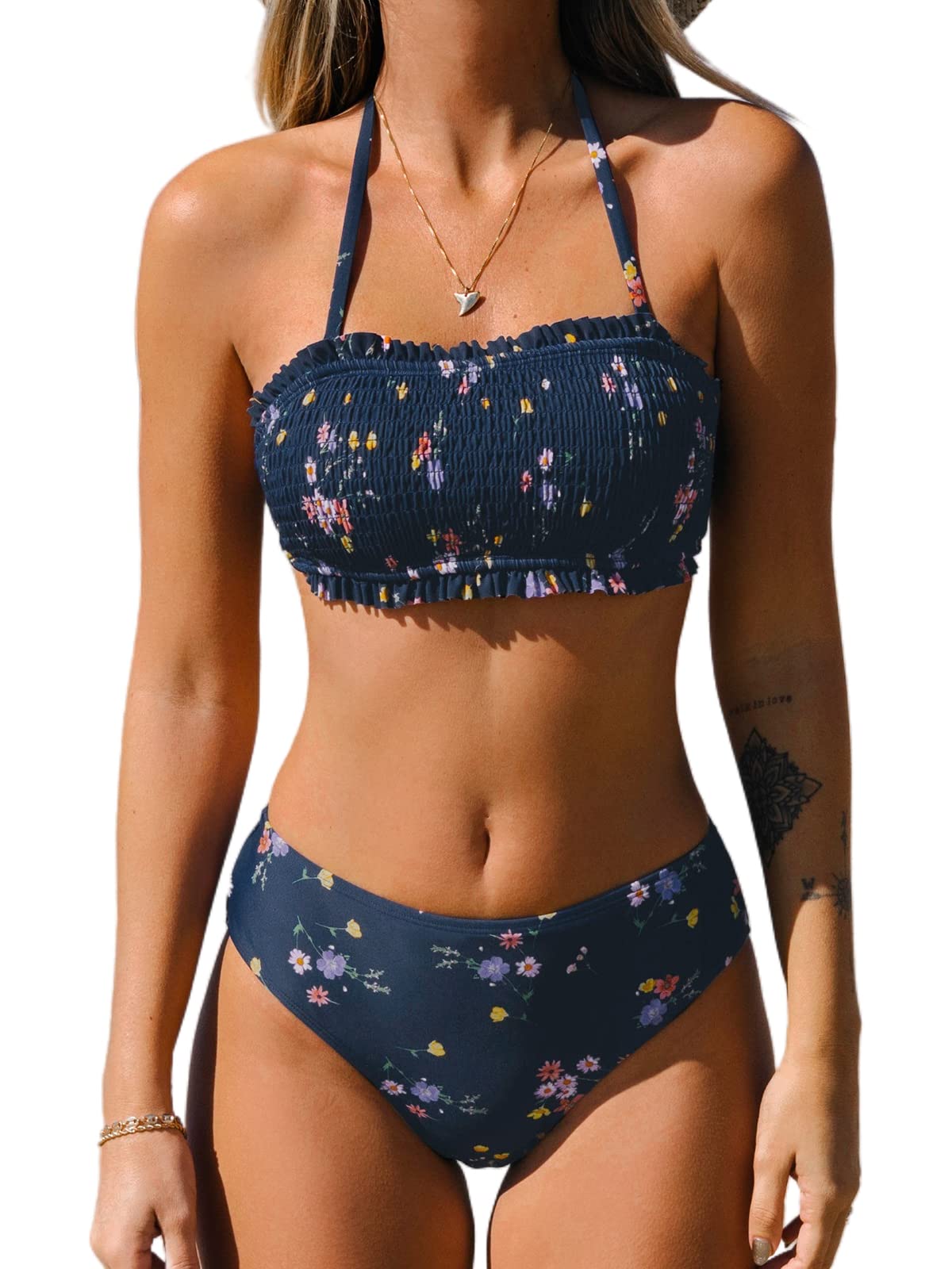 CUPSHE Bikini Set for Women Two Piece Swimsuit Bandeau Top Back Tie Mid Waisted Bottom with Removable Shoulder Straps - 7DAY'S