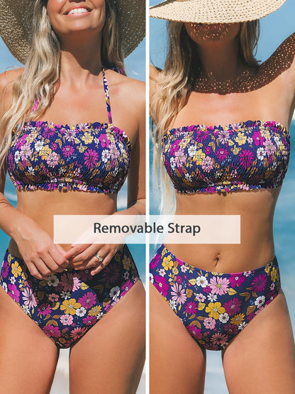 CUPSHE Bikini Set for Women Two Piece Swimsuit Bandeau Top Back Tie Mid Waisted Bottom with Removable Shoulder Straps - 7DAY'S