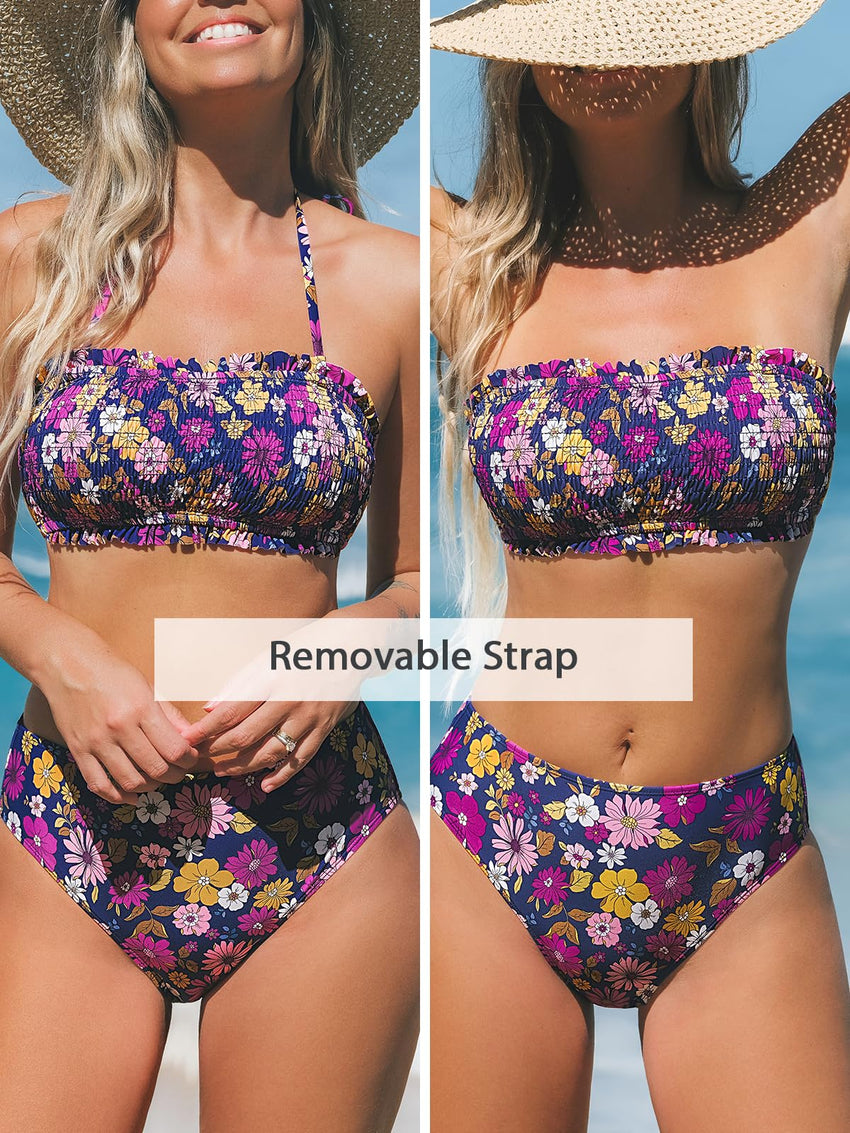 CUPSHE Bikini Set for Women Two Piece Swimsuit Bandeau Top Back Tie Mid Waisted Bottom with Removable Shoulder Straps - 7DAY'S